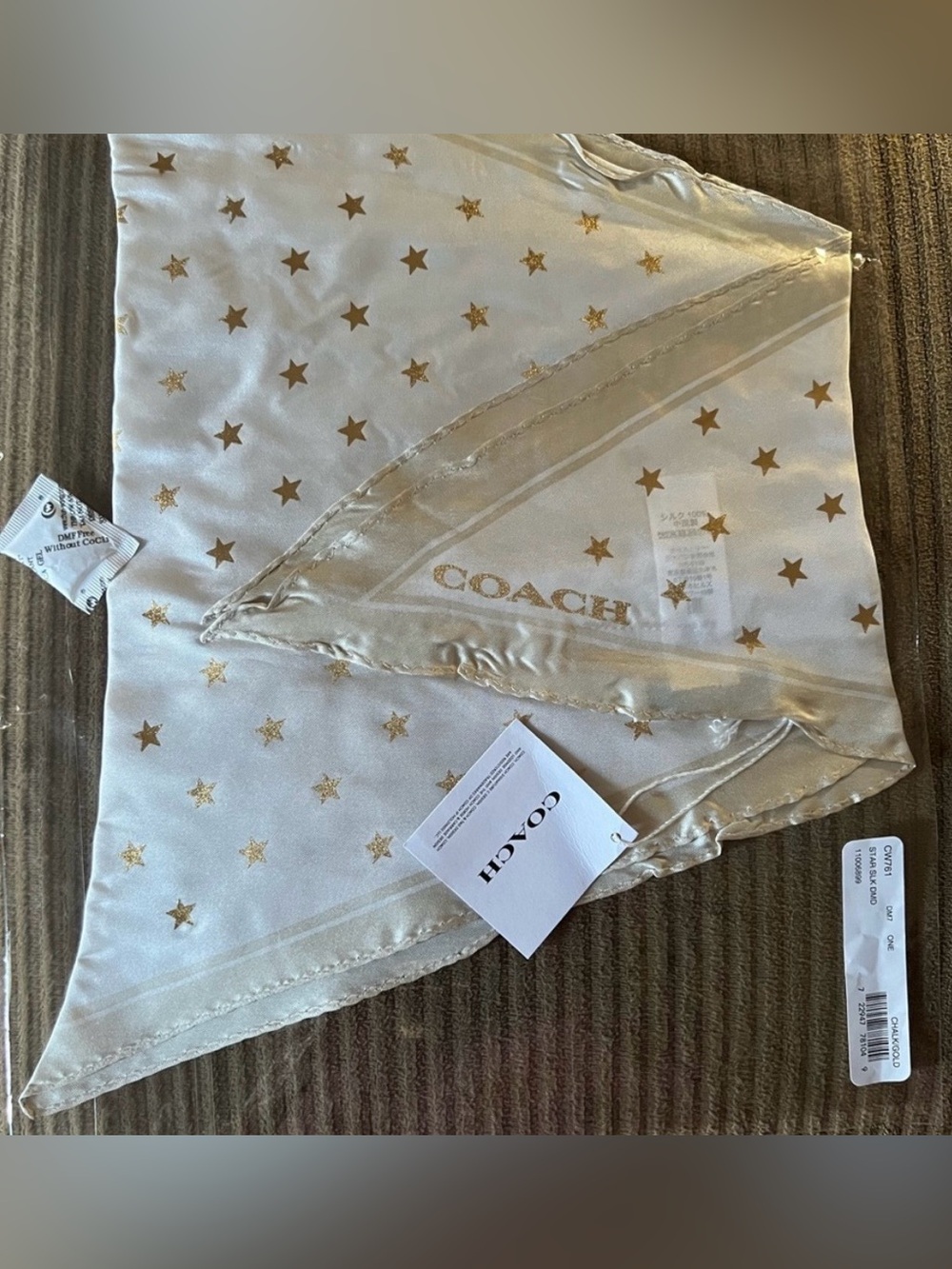 COACH Metallic Gold Stars on Chalk Silk Diamond Shaped Scarf - Picture 6 of 8